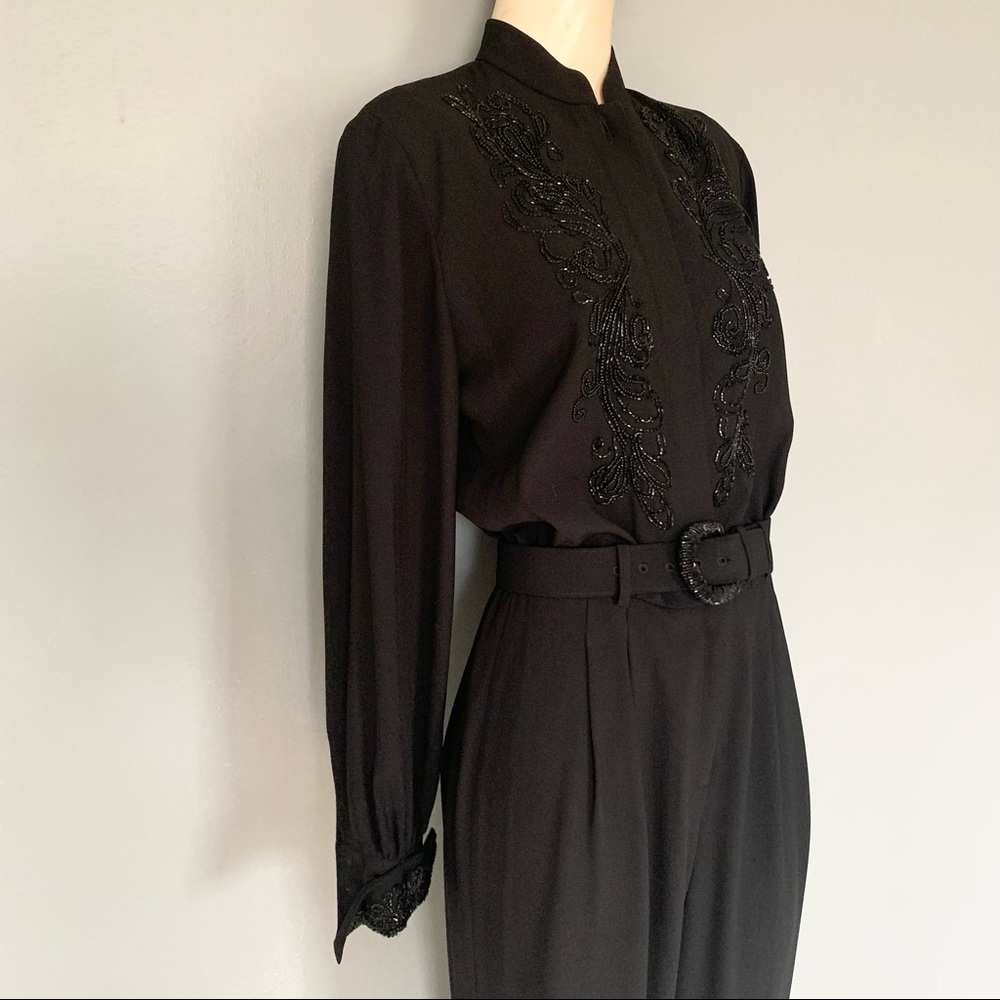 Vintage Black Beaded High-Neck Jumpsuit with Belt